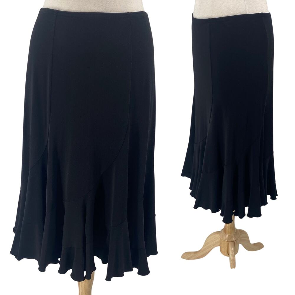 Joseph Ribkoff Stretchy Knit Midi Skirt High Waist Flowy Ruffled Hem Black 12